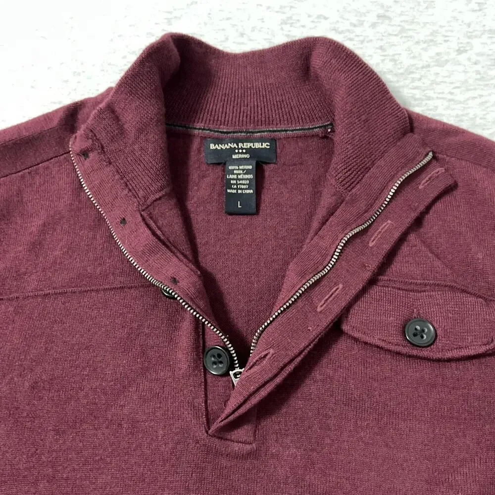 Banana Republic Sweater Mens Large Maroon Merino Wool Quarter‎ Zip Mock Neck